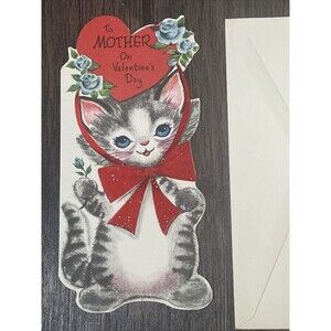 Vtg Valentine’s Day Card Kitten Cat Anthropomorphic Glitter Flocked Mother Rust